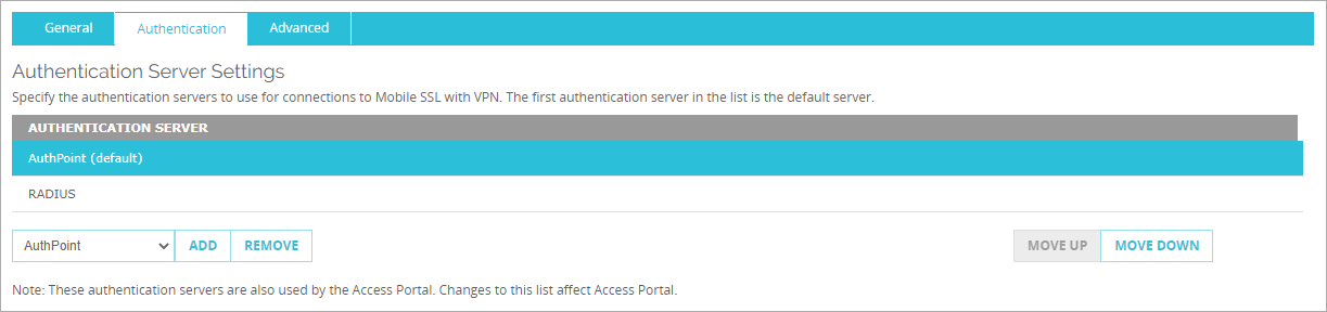 Screenshot that shows the AuthPoint authentication server added.